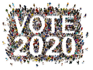 Drawing of people surrounding the words Vote 2020